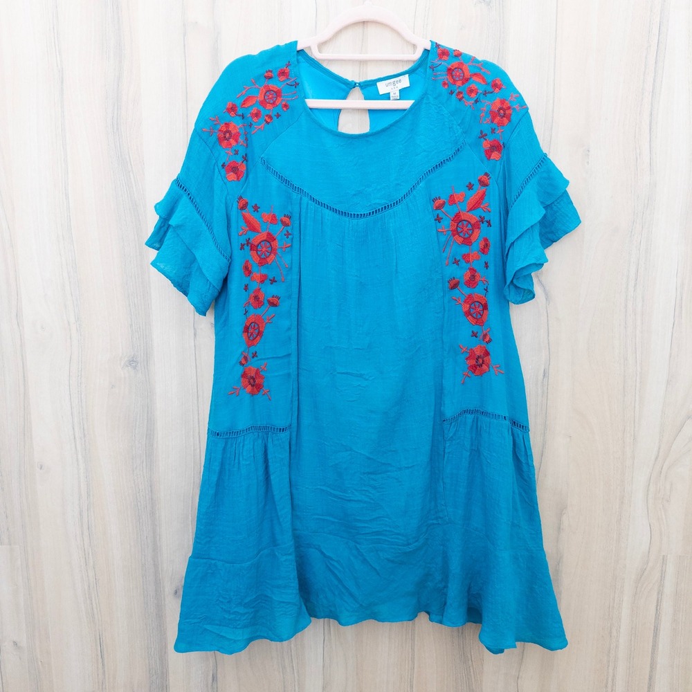 Umgee Womens Embroidered Tunic Blouse Dress Size M Blue Ruffle Sleeve Boho Artsy